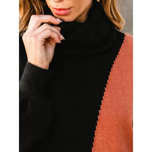 imageCUPSHE Womens Sweater Dress Coloblock Turtle Neck Ribbed Long Sleeve Casual Loose Pullover DressesBlackamporange
