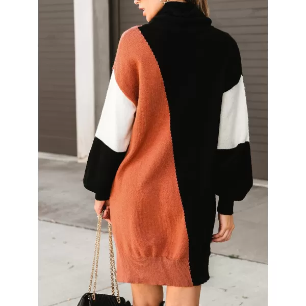 imageCUPSHE Womens Sweater Dress Coloblock Turtle Neck Ribbed Long Sleeve Casual Loose Pullover DressesBlackamporange
