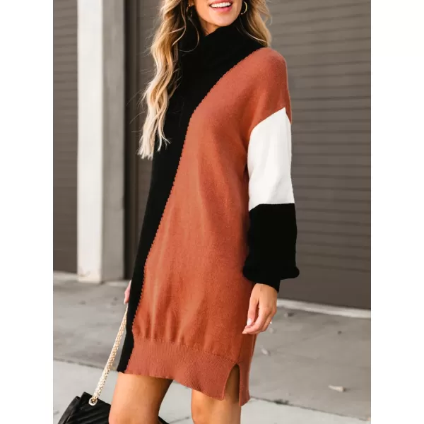 imageCUPSHE Womens Sweater Dress Coloblock Turtle Neck Ribbed Long Sleeve Casual Loose Pullover DressesBlackamporange
