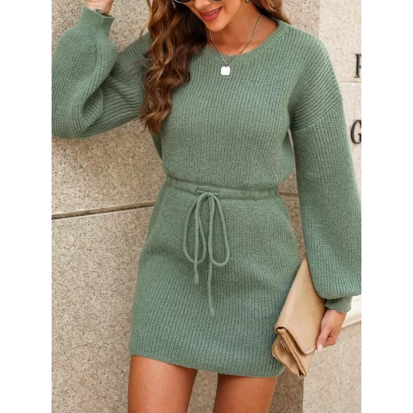 imageCUPSHE Womens Sweater Dress Crewneck Long Sleeve Drawstring Waist Loose Fit Casual Knit Pullover DressesDusty Green