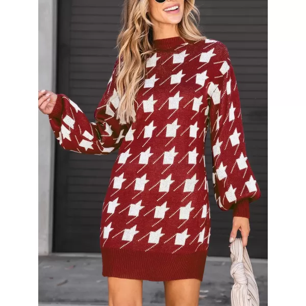 imageCUPSHE Womens Sweater Dress Geo Print Crewneck Ribbed Long Sleeve Casual Loose Pullover DressesRed