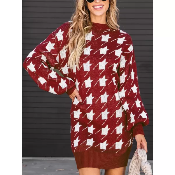 imageCUPSHE Womens Sweater Dress Geo Print Crewneck Ribbed Long Sleeve Casual Loose Pullover DressesRed