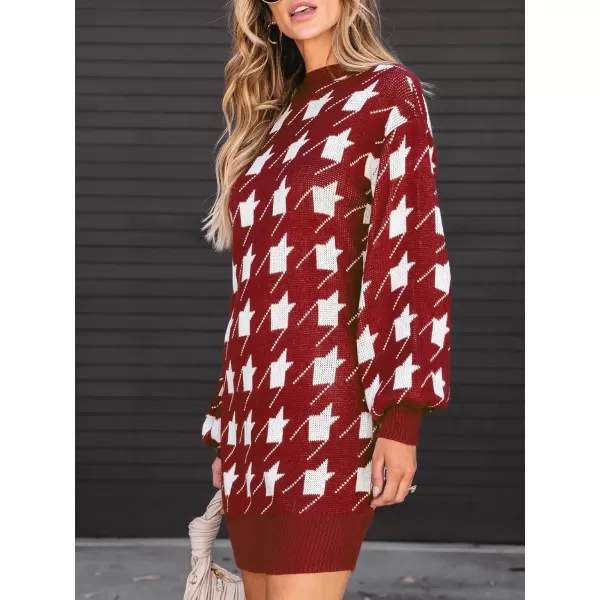 imageCUPSHE Womens Sweater Dress Geo Print Crewneck Ribbed Long Sleeve Casual Loose Pullover DressesRed