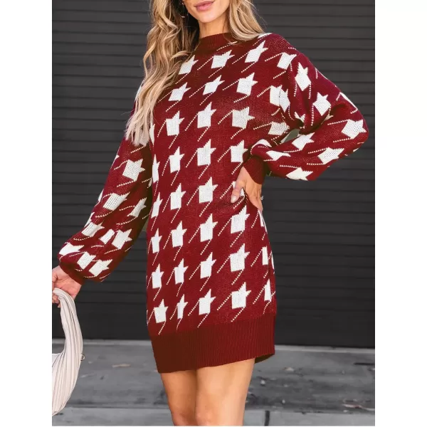imageCUPSHE Womens Sweater Dress Geo Print Crewneck Ribbed Long Sleeve Casual Loose Pullover DressesRed