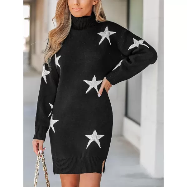 imageCUPSHE Womens Sweater Dress High Neck Star Print Long Sleeve Ribbed Trim Casual Pullover DressesBlack