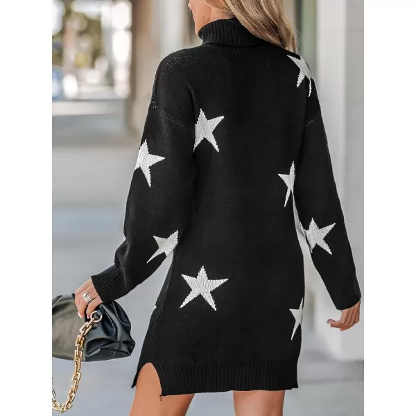 imageCUPSHE Womens Sweater Dress High Neck Star Print Long Sleeve Ribbed Trim Casual Pullover DressesBlack
