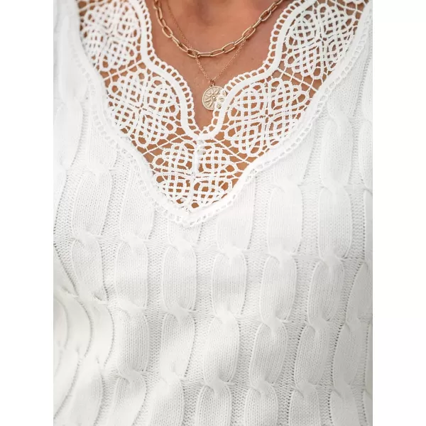 imageCUPSHE Womens Sweater Dress Lace V Neck Cable Knit Long Sleeve Fitted Casual Pullover DressesWhite