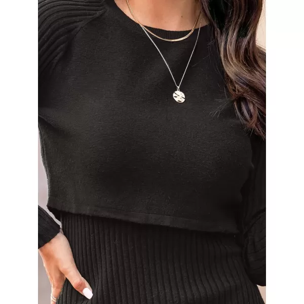 imageCUPSHE Womens Sweater Dress Long Sleeve Ribbed Bodycon Cropped Hem Round Neck Mini DressesBlack