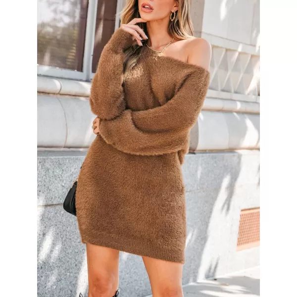 imageCUPSHE Womens Sweater Dress One Shoulder Neck Fuzzy Knit Long Sleeve Casual Mini Pullover DressesBrown