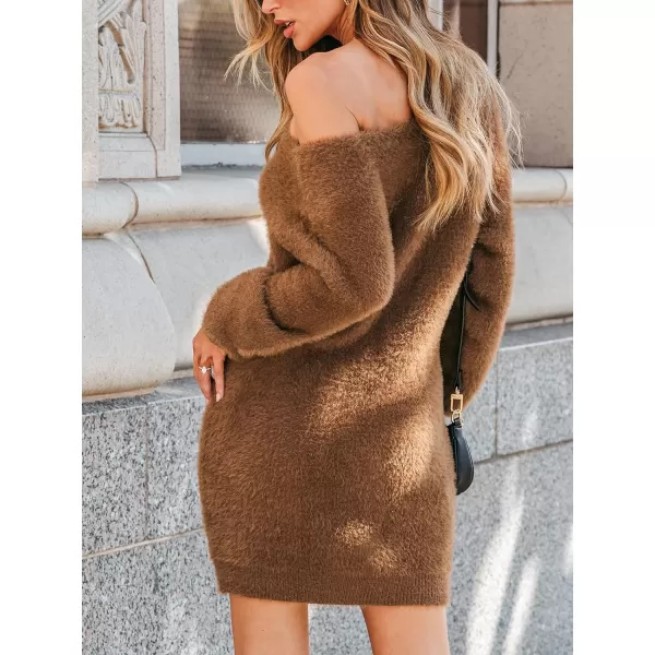 imageCUPSHE Womens Sweater Dress One Shoulder Neck Fuzzy Knit Long Sleeve Casual Mini Pullover DressesBrown