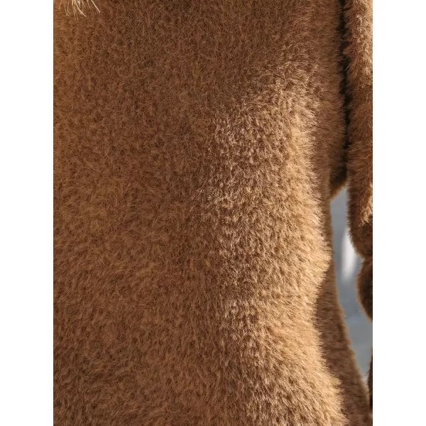 imageCUPSHE Womens Sweater Dress One Shoulder Neck Fuzzy Knit Long Sleeve Casual Mini Pullover DressesBrown