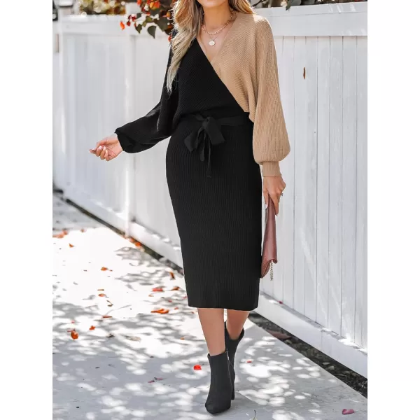 imageCUPSHE Womens Sweater Dress Ribbed TwoTone V Neck Belted Long Sleeve Fitted Casual Midi Pullover DressesBlack