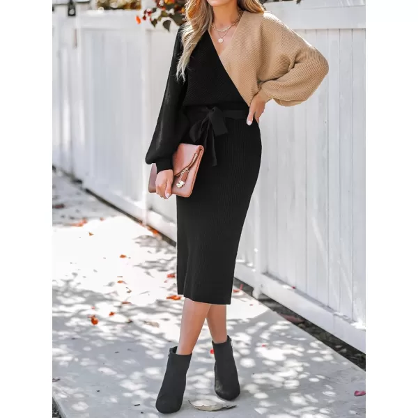 imageCUPSHE Womens Sweater Dress Ribbed TwoTone V Neck Belted Long Sleeve Fitted Casual Midi Pullover DressesBlack