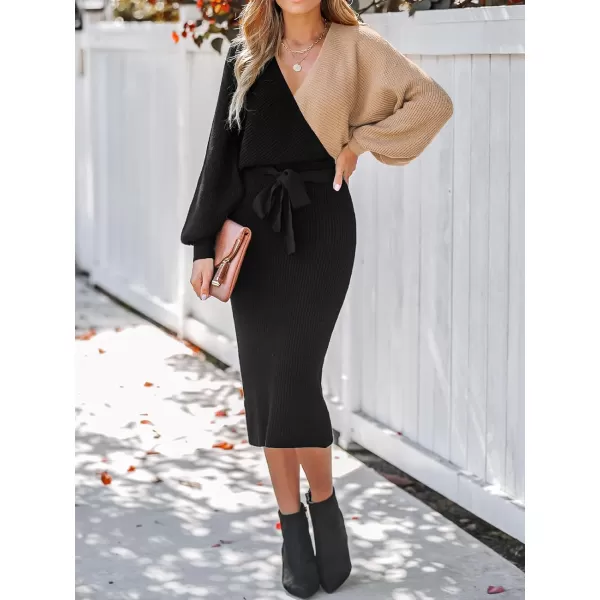 imageCUPSHE Womens Sweater Dress Ribbed TwoTone V Neck Belted Long Sleeve Fitted Casual Midi Pullover DressesBlack