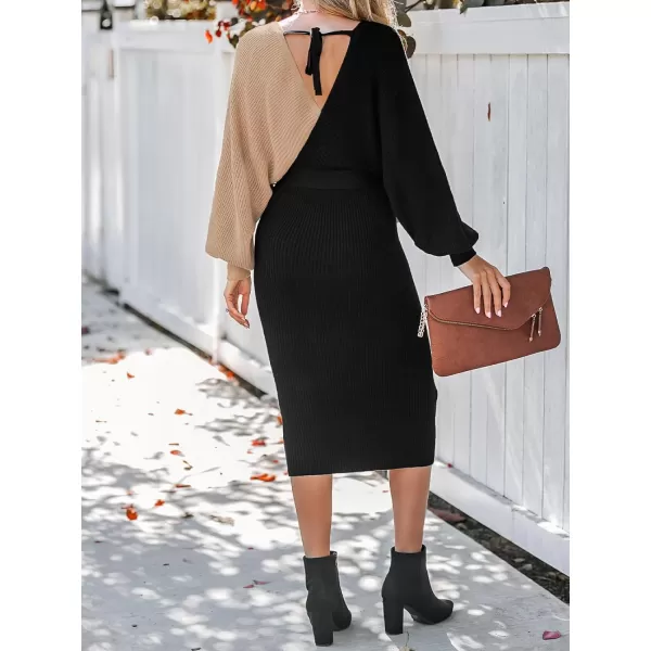 imageCUPSHE Womens Sweater Dress Ribbed TwoTone V Neck Belted Long Sleeve Fitted Casual Midi Pullover DressesBlack