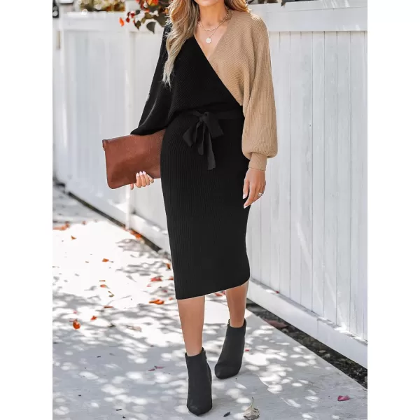 imageCUPSHE Womens Sweater Dress Ribbed TwoTone V Neck Belted Long Sleeve Fitted Casual Midi Pullover DressesBlack
