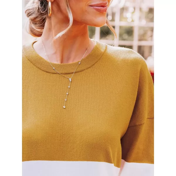 imageCUPSHE Womens Sweater Dress Round Neck Colorblock Long Sleeve Loose Fit A Line Casual Knit Pullover DressesYellow