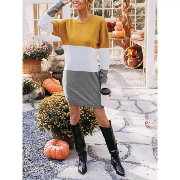 imageCUPSHE Womens Sweater Dress Round Neck Colorblock Long Sleeve Loose Fit A Line Casual Knit Pullover DressesYellow