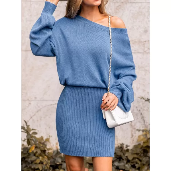 imageCUPSHE Womens Sweater Dress Round Neck Ribbed Long Bishop Sleeve Bodycon Casual Mini Pullover DressesBlue