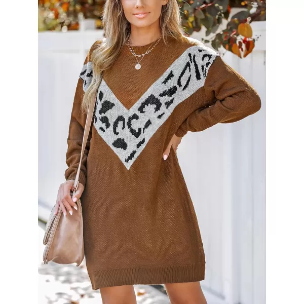 imageCUPSHE Womens Sweater Dress Round Neck Ribbed Trim Long Sleeve Colorblock Bodycon Casual Knit Pullover DressesBrown