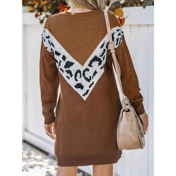 imageCUPSHE Womens Sweater Dress Round Neck Ribbed Trim Long Sleeve Colorblock Bodycon Casual Knit Pullover DressesBrown