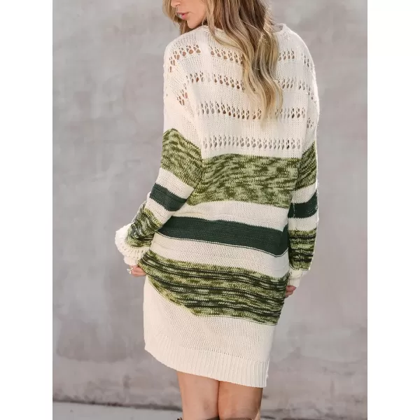 imageCUPSHE Womens Sweater Dress Round Neck Striped Colorblock Long Sleeve Hollow Out Loose Fit Casual Knit Pullover DressesOlive