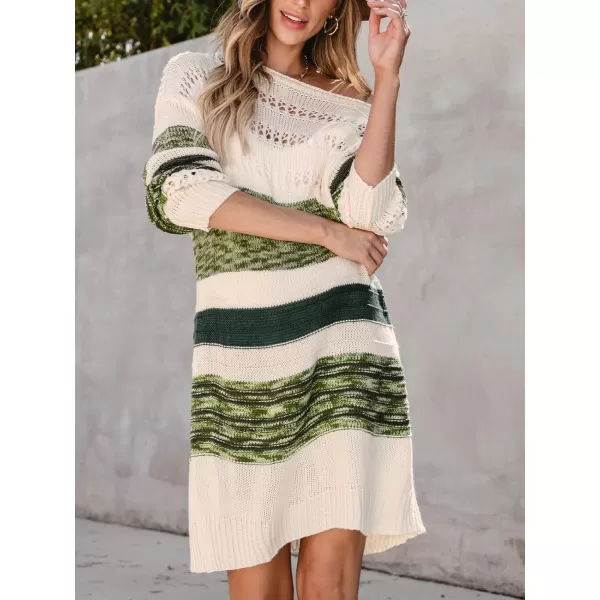 imageCUPSHE Womens Sweater Dress Round Neck Striped Colorblock Long Sleeve Hollow Out Loose Fit Casual Knit Pullover DressesOlive