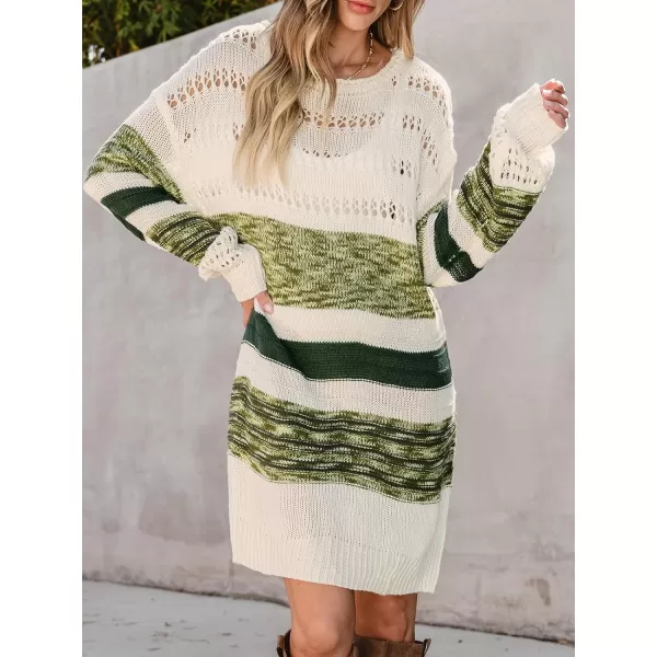 imageCUPSHE Womens Sweater Dress Round Neck Striped Colorblock Long Sleeve Hollow Out Loose Fit Casual Knit Pullover DressesOlive