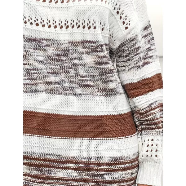 imageCUPSHE Womens Sweater Dress Round Neck Striped Colorblock Long Sleeve Hollow Out Loose Fit Casual Knit Pullover DressesWhiteampcoffee