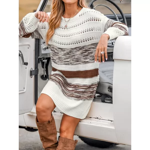 imageCUPSHE Womens Sweater Dress Round Neck Striped Colorblock Long Sleeve Hollow Out Loose Fit Casual Knit Pullover DressesWhiteampcoffee