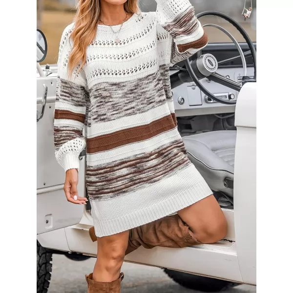 imageCUPSHE Womens Sweater Dress Round Neck Striped Colorblock Long Sleeve Hollow Out Loose Fit Casual Knit Pullover DressesWhiteampcoffee