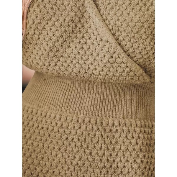 imageCUPSHE Womens Sweater Dress V Neck Honeycomb Knit Ribbed Long Sleeve Pullover Dress Dark GreyKhaki