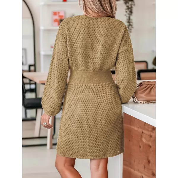 imageCUPSHE Womens Sweater Dress V Neck Honeycomb Knit Ribbed Long Sleeve Pullover Dress Dark GreyKhaki