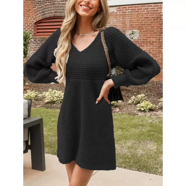 imageCUPSHE Womens Sweater Dress V Neck Honeycomb Long Sleeve Textured Casual Knit Pullover DressesBlack