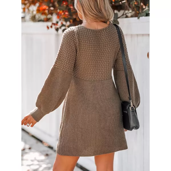 imageCUPSHE Womens Sweater Dress V Neck Honeycomb Long Sleeve Textured Casual Knit Pullover DressesCoffee