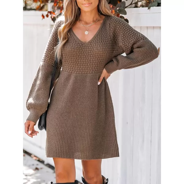 imageCUPSHE Womens Sweater Dress V Neck Honeycomb Long Sleeve Textured Casual Knit Pullover DressesCoffee