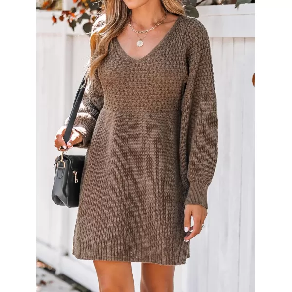 imageCUPSHE Womens Sweater Dress V Neck Honeycomb Long Sleeve Textured Casual Knit Pullover DressesCoffee