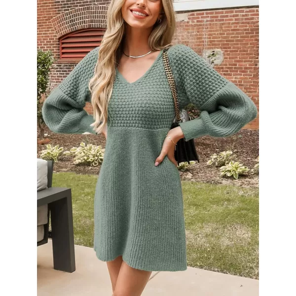 imageCUPSHE Womens Sweater Dress V Neck Honeycomb Long Sleeve Textured Casual Knit Pullover DressesDusty Green