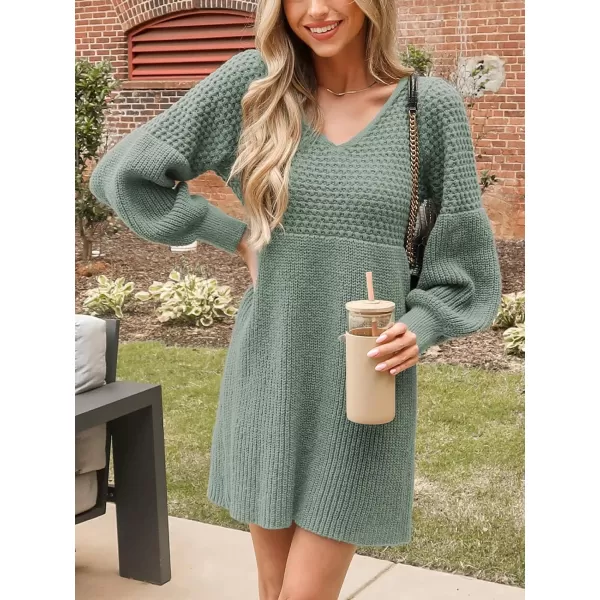 imageCUPSHE Womens Sweater Dress V Neck Honeycomb Long Sleeve Textured Casual Knit Pullover DressesDusty Green