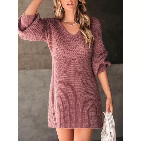 imageCUPSHE Womens Sweater Dress V Neck Honeycomb Long Sleeve Textured Casual Knit Pullover DressesDusty Rose