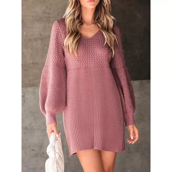 imageCUPSHE Womens Sweater Dress V Neck Honeycomb Long Sleeve Textured Casual Knit Pullover DressesDusty Rose