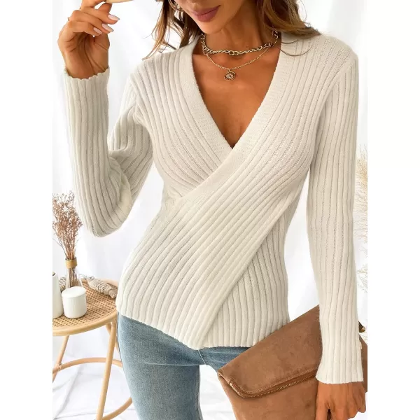 imageCUPSHE Womens Sweaters Sexy V Neck Long Sleeve Wrap Cable Knit Fall Fashion TopsCream White