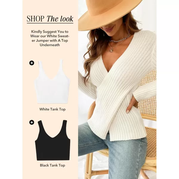 imageCUPSHE Womens Sweaters Sexy V Neck Long Sleeve Wrap Cable Knit Fall Fashion TopsCream White