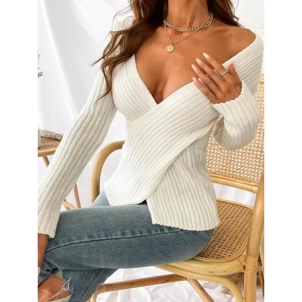 imageCUPSHE Womens Sweaters Sexy V Neck Long Sleeve Wrap Cable Knit Fall Fashion TopsCream White
