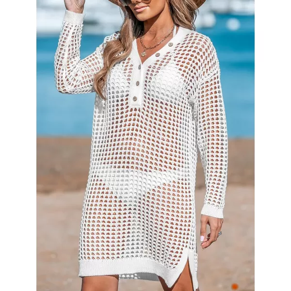 imageCUPSHE Womens Swim Beach Cover Up Bathing Suit Cover Up Swimsuit Knit V Neck Long Sleeves Button Dress Cover UpWhite