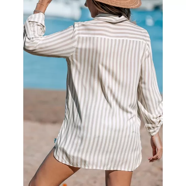imageCUPSHE Womens Swim Cover Up Beach Cover Up Striped V Neck Button Long Sleeves Pockets ShirtAlmond
