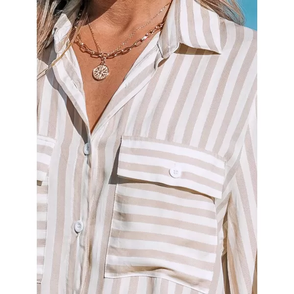 imageCUPSHE Womens Swim Cover Up Beach Cover Up Striped V Neck Button Long Sleeves Pockets ShirtAlmond