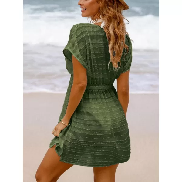 imageCUPSHE Womens Swim Cover Up Dress V Neck Textured Striped Short Sleeve Cover Ups Casual Beach SummerArmy Green