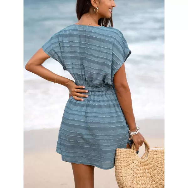 imageCUPSHE Womens Swim Cover Up Dress V Neck Textured Striped Short Sleeve Cover Ups Casual Beach SummerBaby Blue