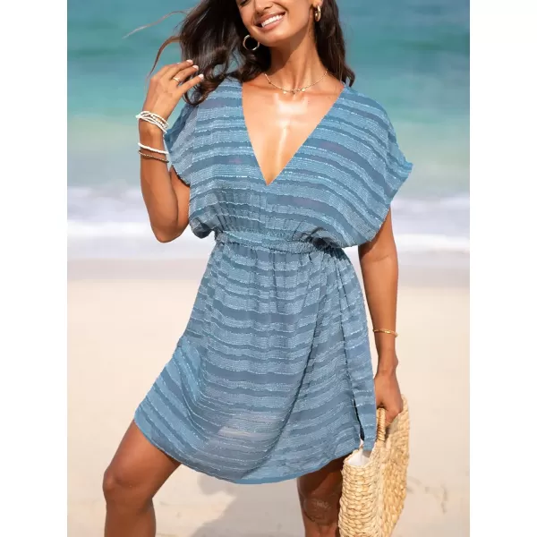 imageCUPSHE Womens Swim Cover Up Dress V Neck Textured Striped Short Sleeve Cover Ups Casual Beach SummerBaby Blue